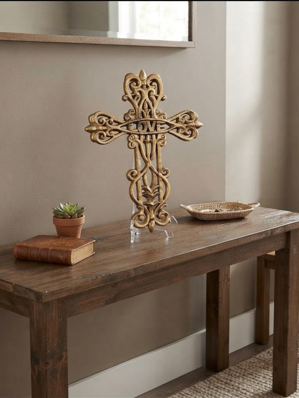 Elegant Vintage rustic Gold tone “Love” Wall Cross Decor